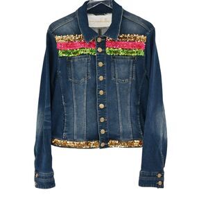 MARY MARSHMALLOW Jacket Womens Sz L Colorful Metallic Sequin Stripe Denim Preppy